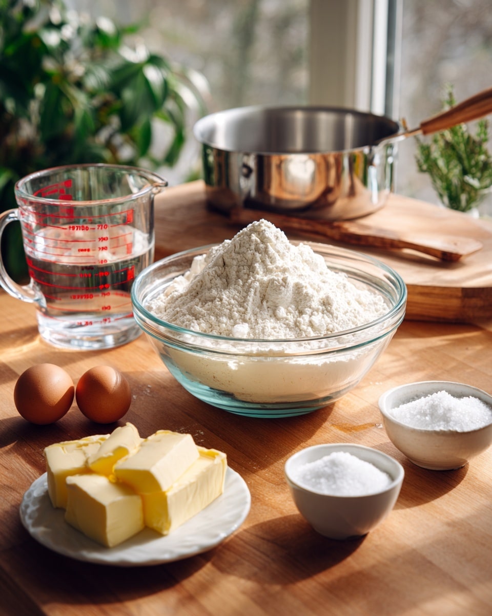 A wooden cutting board sits on a white marbled countertop near a window with green leaves outside, holding five small containers of ingredients. On the left, a clear glass bowl is filled with dark brown chocolate squares stacked unevenly. Next to it sits a clear glass cup with a dark liquid base and a thick lighter cream layer on top, showing a clear separation between the two. In front of the glass cup is a small white ramekin filled with a dark brown powder, and beside it, a tiny clear bowl holds a white powder. On the right side of the board, a white plate holds two thick rectangular blocks of pale yellow butter. A small silver spoon rests on the board to the right of the plate. The scene is softly lit by natural light coming from the window. photo taken with an iphone --ar 4:5 --v 7