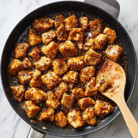 A black frying pan filled with about three layers of cooked, golden-brown chicken pieces that shine with a thick, sticky sauce. The chicken pieces have a slightly rough texture from bits of cooked onion and black pepper scattered through the sauce. A wooden spoon with a light color rests on the right side of the pan, with some sauce and chicken bits clinging to it. The pan sits on a white marbled surface with soft light from above. photo taken with an iphone --ar 4:5 --v 7