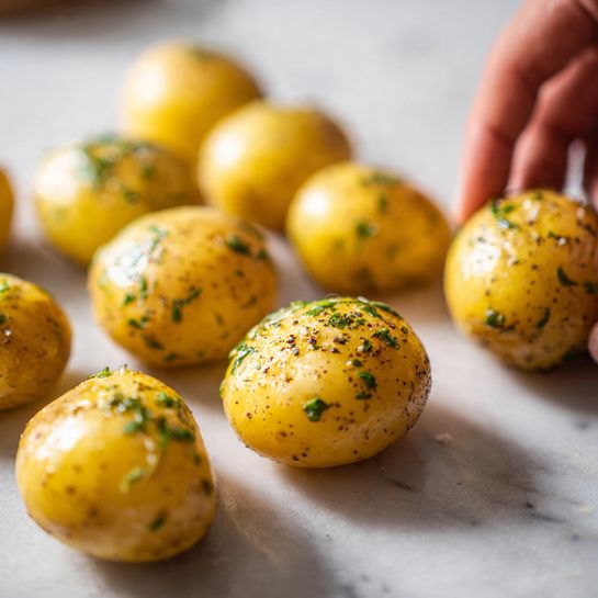 The image shows several small, round yellow potatoes arranged closely on a smooth, white marbled surface. Each potato is glistening with a light coating of oil and sprinkled with small bits of green herbs and black pepper, adding texture and contrast. The potatoes appear fresh and slightly shiny, with some highlights reflecting off their surfaces, creating a warm and appetizing look. In the foreground, a woman's hand is gently stabilizing one potato, hinting that they are being prepared for cooking. The overall focus is on the front potatoes, while the background ones are softly blurred, emphasizing the detailed texture and color of the front group. photo taken with an iphone --ar 4:5 --v 7