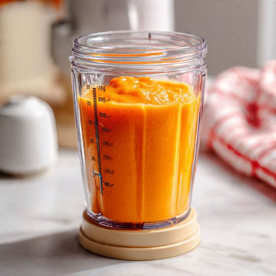 The image shows a round silver metal pot filled with a bright orange liquid that is bubbling on the surface. The orange liquid has small bubbles all over, giving a frothy texture. The pot is placed on a small round wooden board over a white marbled surface. In the top left corner, there is part of a white cloth with red stripes visible. Photo taken with an iphone --ar 4:5 --v 7