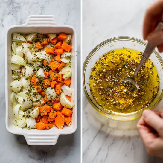 The image shows a white rectangular baking dish filled with layers of food placed on a white marbled surface. In the first frame on the left, the bottom layer consists of mixed chopped vegetables including orange carrot pieces, yellow potatoes, white onions, and some green herbs, all spread evenly. A woman's hand is holding the side of the dish while a spoon rests inside a clear bowl nearby. In the second frame on the right, the vegetable layer remains underneath and is partially covered by raw chicken thighs placed on top. Another woman's hand is shown holding a square piece of butter above the chicken, as if about to place it on the meat. The dish and hands are clearly seen from above with a casual cooking setup. photo taken with an iphone --ar 4:5 --v 7