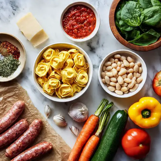 A large red pot filled with a creamy tomato soup that has many layers of ingredients: orange-red tomato broth as the base, creamy swirls mixed in, light yellow tortellini pasta scattered throughout, and dark green spinach leaves on top. The soup has a thick and rich texture, with the pasta pieces partly floating and partly submerged. The pot sits on a wooden board with green spinach leaves and a few small white bowls with seasonings nearby. The background is a white marbled surface. photo taken with an iphone --ar 4:5 --v 7
