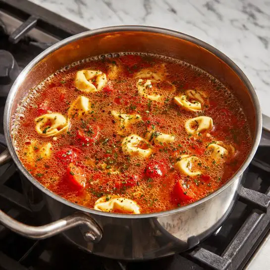A metal pot filled with a tomato soup that contains chunks of diced red tomatoes and pieces of tortellini pasta floating on top, with some herbs sprinkled across the middle. The soup looks thick and hearty with a reddish-orange color and small bubbles around the edges. The pot is inside a black stovetop burner, and the background shows a white marbled texture. photo taken with an iphone --ar 4:5 --v 7