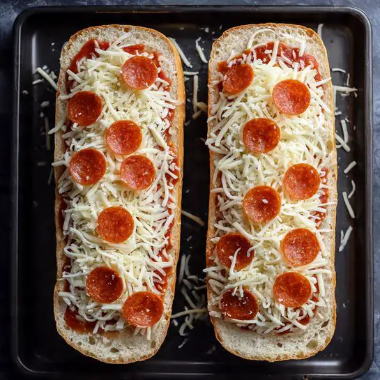 Two long, open sandwich halves lie side by side on a dark baking tray with a few cheese shreds scattered around. Each half has a bottom layer of light brown bread with a porous texture. Spread evenly on top is a red tomato sauce layer, followed by a thick layer of white shredded cheese covering most of the sauce. Scattered across the cheese layer are small, round, orange-red pepperoni slices evenly spaced. The overall look is fresh and ready to be baked. Photo taken with an iphone --ar 4:5 --v 7