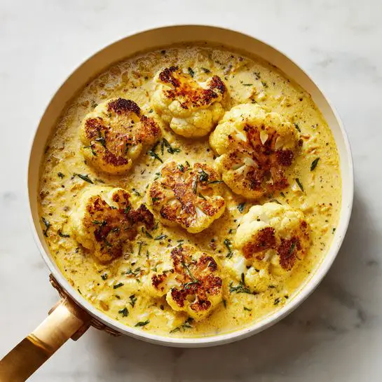 A white pan filled with a thick, creamy yellow sauce mixed with small herbs and spices, topped with several pieces of roasted cauliflower that are light beige with charred brown spots, all sitting on a white marbled surface. The pan handle is brass colored, and the food looks warm and freshly cooked. photo taken with an iphone --ar 4:5 --v 7
