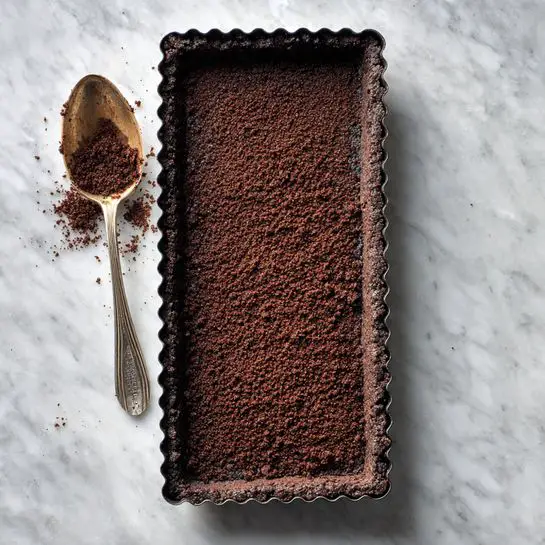 A rectangular tart pan with scalloped edges contains a dark crumbly crust pressed evenly into the bottom layer. The crust is rough and textured, made from crushed crumbs, and small spoon marks show that some crumbs were pressed or removed in spots. A silver spoon rests inside the pan towards the top, with some crumbs stuck to the spoon’s surface. The pan sits on a white marbled texture surface that contrasts softly with the dark crust. photo taken with an iphone --ar 4:5 --v 7