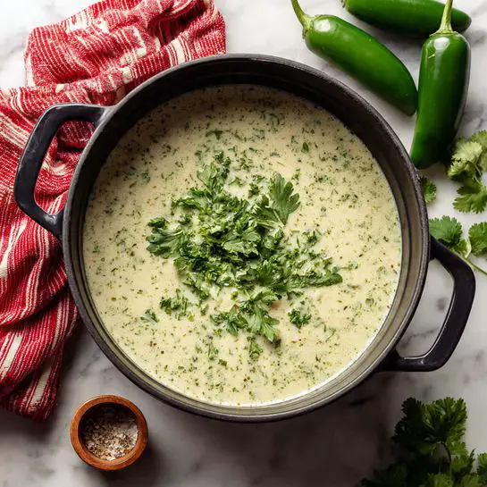 A black pot filled with creamy light green soup with small green herb pieces mixed in, topped with scattered fresh parsley leaves. The pot sits on a white marbled surface with two green jalapeños on the upper right, a small wooden salt and pepper dish on the lower right, fresh cilantro on the lower left, and a red and white striped cloth partially in the upper left. The texture of the soup looks smooth and rich, evenly covering the bottom of the pot. photo taken with an iphone --ar 4:5 --v 7