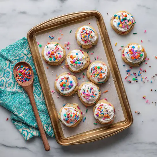 A stack of four colorful cookies sits in the center on a white marbled surface. The bottom cookie is round, light beige with small colorful sprinkles embedded. The next cookie up is covered fully in small, round, colorful sprinkles, giving it a bumpy texture. Above that is a plain light beige cookie with tiny scattered sprinkles inside. The top cookie has white frosting with large multicolored rod sprinkles, and it has a bite taken out, showing a soft, crumbly inside with blue, red, and yellow bits. To the left, a clear jar filled with similar colorful rod sprinkles is visible, and to the right is a wooden bowl with matching sprinkles. In the background, more sprinkle-covered cookies and a glass of milk sit blurred. A teal cloth with white designs is partially in view at the bottom left. Photo taken with an iphone --ar 4:5 --v 7