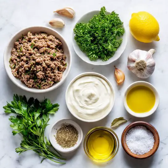 A large silver mixing bowl filled with a mix of light brown crumbled food, bright green chopped herbs, and small white onion pieces. Two woman's hands are visible: one hand holding the bowl and the other hand sprinkling more of the mix inside. There is a wooden spoon partially buried in the mix inside the bowl. The bowl is on a beige cloth on a white marbled surface. Some garlic and an onion are blurred in the background. photo taken with an iphone --ar 4:5 --v 7