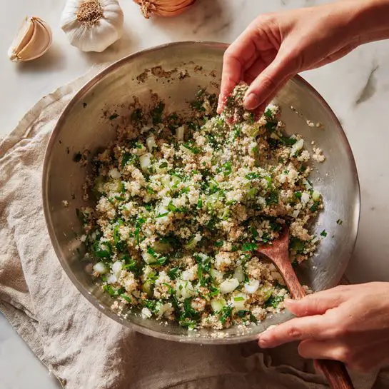 The image shows a variety of cooking ingredients arranged neatly on a surface with a white marbled texture. There is a white bowl filled with cooked ground meat with bits of seasoning. Above it, a white bowl holds fresh green parsley leaves, and a bright yellow whole lemon is placed nearby. To the right side are a whole garlic bulb, two garlic cloves, and a small onion. Below, there is a white bowl of thick white yogurt, while a larger bunch of fresh green parsley lies beside a small wooden bowl containing dry mixed spices. Two small onions are visible, one near a white bowl of golden olive oil with herb pieces floating inside, and another near a glass bowl filled with clear golden oil. A small white bowl filled with coarse white salt completes the spread. The whole setup is clean and organized, emphasizing the fresh colors and textures of the ingredients photo taken with an iphone --ar 4:5 --v 7