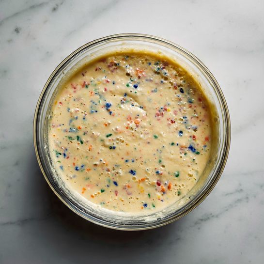 Cake Mix Pancakes Recipe 4 The image shows five small, round pancakes cooking on a black griddle. Each pancake is light cream in color with tiny red, green, and blue specks scattered throughout the batter, creating a subtle multicolor effect. They have a smooth surface with some small bubbles starting to form around the edges. The pancakes are spaced evenly across the griddle which has a slight sheen from the cooking oil. The overall look is soft and thick, indicating they are in the early stage of cooking. Photo taken with an iphone --ar 4:5 --v 7