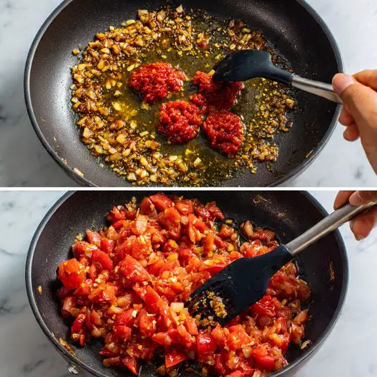 The image is split into two parts, each showing a round non-stick pan on a white marbled surface. The top part shows the pan with lightly browned garlic bits spread evenly around the oil, and several dollops of thick bright red paste concentrated in the center. A woman's hand holding a black spatula is near the bottom edge, stirring the paste slightly into the oil. The bottom part shows the pan filled with evenly distributed, chopped pieces of reddish-pink tomatoes mixed with the paste and garlic. The woman's hand holds the same black spatula near the lower right side, moving through the tomato mixture. The colors shift from golden and red in the top to deeper reds and orange tones with a juicy texture in the bottom. Photo taken with an iphone --ar 4:5 --v 7