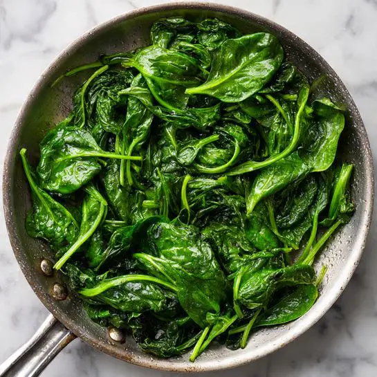 A metal pan filled with one layer of bright green cooked spinach leaves. The spinach looks soft and shiny with some stems visible, and the texture is smooth, showing slight wrinkles from cooking. The pan sits on a white marbled surface. Photo taken with an iphone --ar 4:5 --v 7