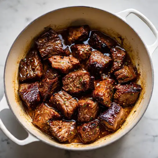 A white plate holds a base layer of creamy, smooth yellow mashed potatoes. On top, there is a thick layer of dark brown beef stew with large pieces of tender beef coated in rich gravy. The gravy is glossy and covers the beef and some of the potatoes, pooling slightly on the plate edges. Finely chopped green herbs are sprinkled on top of the beef and gravy, adding a touch of color contrast. In the background, there is a blue pot with more brown stew inside, sitting on a white marbled surface with a gray cloth nearby. A fork is placed beside the plate. Photo taken with an iphone --ar 4:5 --v 7