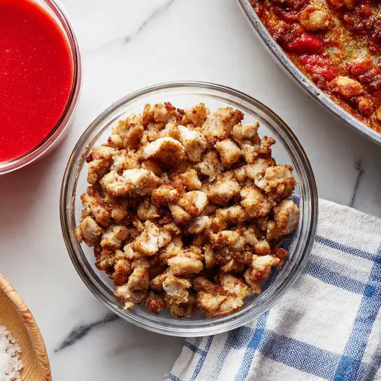 A clear glass bowl filled with small, lightly browned, cooked chicken pieces sits on a white marbled surface. Nearby, there is a round clear glass container holding a smooth, bright red sauce, placed on a white cloth with a blue grid pattern. In the top right corner, a large metal pan with crispy food remnants is partially visible, resting on the same white marbled surface. The colors are warm and natural with a clean, simple kitchen setup. Photo taken with an iphone --ar 4:5 --v 7