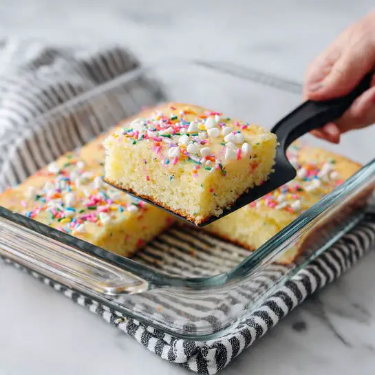 The image shows a square piece of light yellow cake with colorful sprinkles and white chocolate chips on top. The cake is thick and sits inside a clear glass baking dish with straight edges. A woman's hand uses a spatula with a black handle to lift one piece of the cake up. The background is a white marbled surface with a blurry black and white striped cloth under the baking dish. The cake looks soft and moist with a smooth texture. photo taken with an iphone --ar 4:5 --v 7