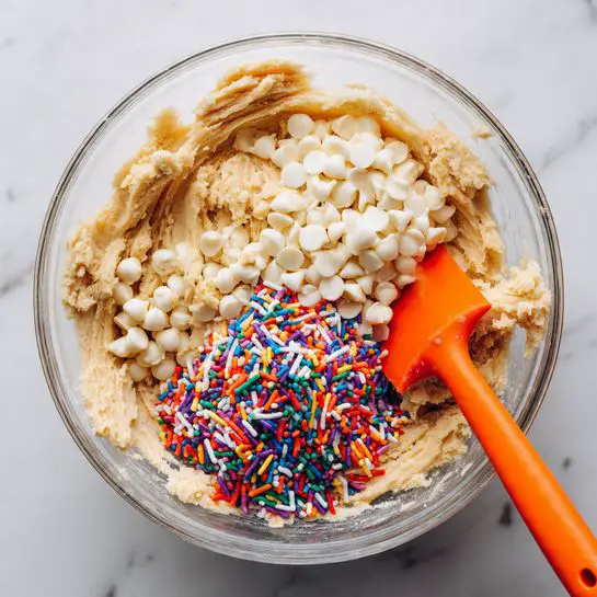 A clear glass bowl holds thick cookie dough as the base layer, creamy light beige in color with a soft, slightly rough texture. On one side, there are smooth, round white chocolate chips scattered over the dough in a small pile. On the other side, colorful rainbow sprinkles in bright red, green, blue, purple, yellow, orange, and white sit in a loose mound. A bright orange silicone spatula partly dips into the dough on the right side of the bowl. The background is a white marbled texture. Photo taken with an iphone --ar 4:5 --v 7