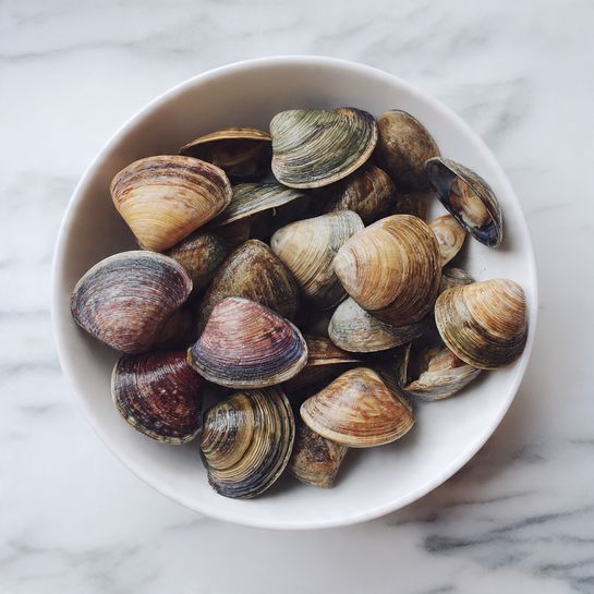 A wooden board holds several fresh ingredients and a knife. On the left side, a knobby, light brown ginger root lies next to a knife with a wooden handle and a dark, hammered blade. To the right of the knife, there are several pale green and white stalks of lemongrass, some whole and some split, arranged in a vertical line. At the bottom right corner, a white onion is cut in half, showing smooth, slightly shiny layers inside. The board sits on a white marbled surface. photo taken with an iphone --ar 4:5 --v 7
