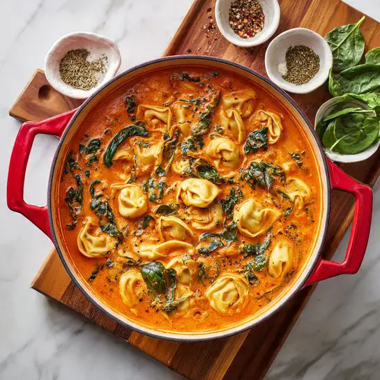 A dark gray bowl filled with bright red tomato soup, with five golden brown tortellini floating on top, some showing filling inside. Dark green basil leaves rest on top of the pasta as garnish. Two slices of pale white bread sit behind the bowl on the white marbled surface. A silver spoon is laid beside the bowl, and small white bowls with spice flakes and coarse salt are placed in the background. Fresh green herbs lie near the bread. photo taken with an iphone --ar 4:5 --v 7