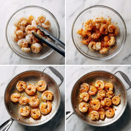 In a white bowl on a white marbled surface, there is a dish with three main layers. The bottom layer is light orange curly pasta, covered with pieces of cooked shrimp that have a light pink and orange color with some seasoning spots. On top of the shrimp and pasta, there is a sprinkling of shredded white cheese and thin strips of fresh green basil leaves, adding a fresh contrast to the warm colors below. A gold fork rests inside the bowl on the right side. Some cheese and basil pieces are scattered on the white marbled surface around the bowl. Photo taken with an iphone --ar 4:5 --v 7