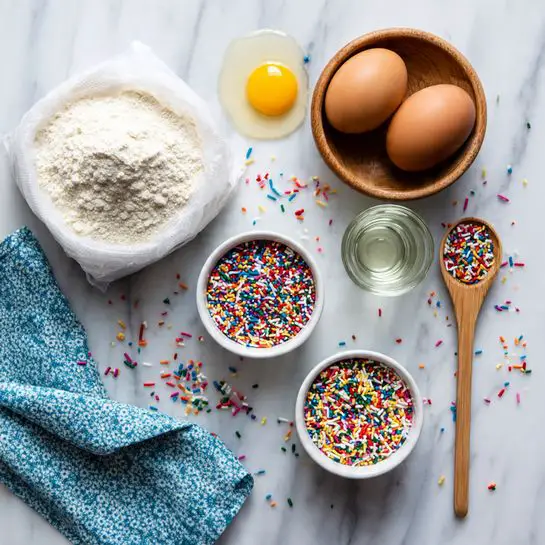 A top view of baking ingredients arranged on a white marbled surface, including a white bag of flour on the left, a wooden bowl with two brown eggs in the center top, a small glass of clear liquid to the right, two white small bowls filled with colorful round and long sprinkles in the bottom center, and a wooden spoon with some sprinkles on the right. Scattered colorful sprinkles are spread around the items. A blue patterned cloth is partially visible on the bottom left corner. Photo taken with an iphone --ar 4:5 --v 7