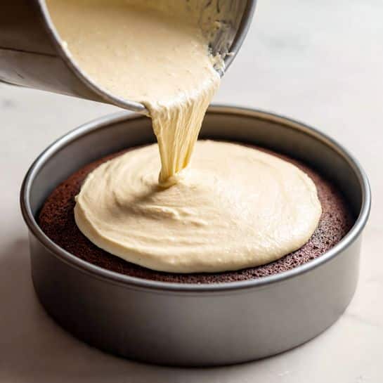 A thick slice of layered cake sits on a plain white plate with a white marbled background. The cake has four main layers: a dark brown moist base, a light creamy middle layer, another thinner dark brown layer above it, and a top layer of thick dark chocolate. The top is covered with chunk pieces of chocolate brownie, and caramel sauce is dripping down the sides, pooling slightly on the plate. The caramel shines with a smooth, glossy texture, making the cake look rich and sweet. photo taken with an iphone --ar 4:5 --v 7