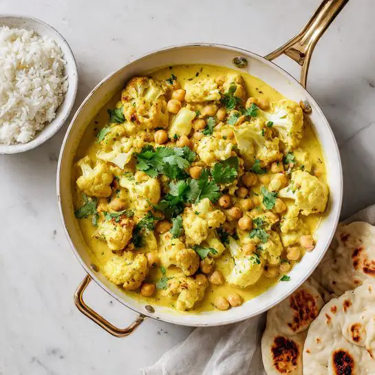 A white frying pan with a golden handle holds a yellow curry filled with tender cauliflower pieces and light beige chickpeas, all mixed in a thick, creamy sauce speckled with small bits of green herbs. The top of the curry is decorated with fresh bright green cilantro leaves. The pan sits on a white marbled surface next to a white bowl of plain steamed rice and a browned naan flatbread. The whole scene is bright and clean, showing a warm, hearty meal. photo taken with an iphone --ar 4:5 --v 7