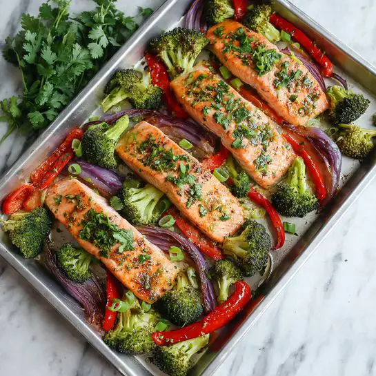 Sheet Pan Salmon with Garlic-Ginger Soy Glaze and Roasted Vegetables Recipe