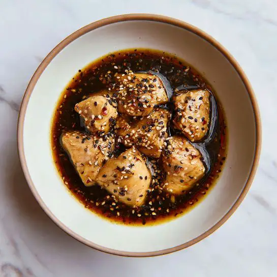 A white bowl filled with several pieces of light brown marinated chicken submerged in a dark brown sauce mixed with small white and black sesame seeds and tiny white onion pieces scattered throughout. The bowl has a natural light tan rim, and the inside surface shows a smooth but slightly speckled texture with some sauce splattered around the edges. The scene is set on a white marbled surface photo taken with an iphone --ar 4:5 --v 7