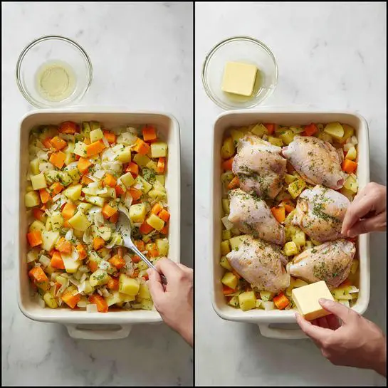 A white rectangular baking dish holds a cooked meal with five browned chicken thighs placed on top. Underneath, there are roughly chopped golden potatoes and bright orange carrot pieces mixed with light-colored onion slices. The chicken has a shiny, slightly crispy skin with some herbs sprinkled on it. The dish sits on a white marbled surface, with three whole golden potatoes above it, three fresh orange carrots to the right, and two whole shallots, one above the dish and one below, along with a sprig of rosemary at the bottom left. photo taken with an iphone --ar 4:5 --v 7