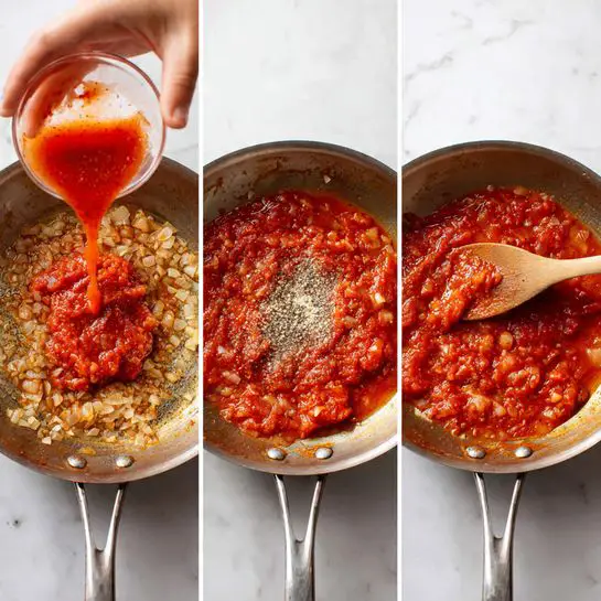 A metal pan on a white marbled surface holds a mixture in three stages. In the first stage, a woman's hand pours bright red tomato sauce over a bed of golden brown, finely chopped onions that seem slightly cooked, spread evenly at the bottom of the pan. The second stage shows the pan filled with chunky tomato sauce, mixed with bits of the golden onion, and a sprinkle of white and black pepper on top, sitting in the center. The third stage captures the sauce being stirred with a wooden spoon, revealing a thick, textured, and glossy red-orange sauce combined with the softened onions, coating the pan's surface. Photo taken with an iphone --ar 4:5 --v 7