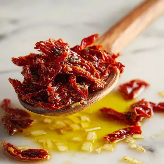 A stainless steel pan holds a creamy mushroom dish with about two main layers: whole brown mushrooms and spinach leaves sitting in a thick light yellow creamy sauce scattered with small red sun-dried tomato pieces and a light sprinkle of black pepper on top. The mushrooms are round and plump with a smooth texture, some standing upright and others slightly tilted, mixed evenly throughout the sauce. The spinach leaves are dark green and wilted, adding color contrast across the pan. A shiny metal spoon is placed on the right side inside the pan, and the pan is set on a white marbled surface. photo taken with an iphone --ar 4:5 --v 7