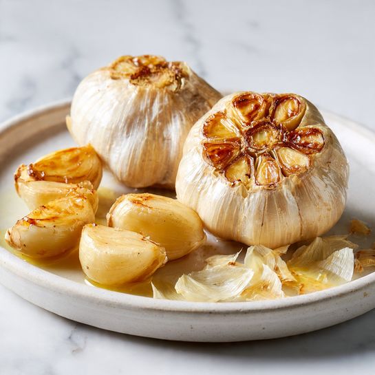 The image shows a clear glass jar filled nearly to the top with roasted garlic cloves. The garlic cloves are golden-brown with some parts slightly darker where they are roasted, giving them a crispy look. The cloves appear soft and slightly shiny, packed closely inside the jar. The jar is on a white marbled surface. photo taken with an iphone --ar 4:5 --v 7
