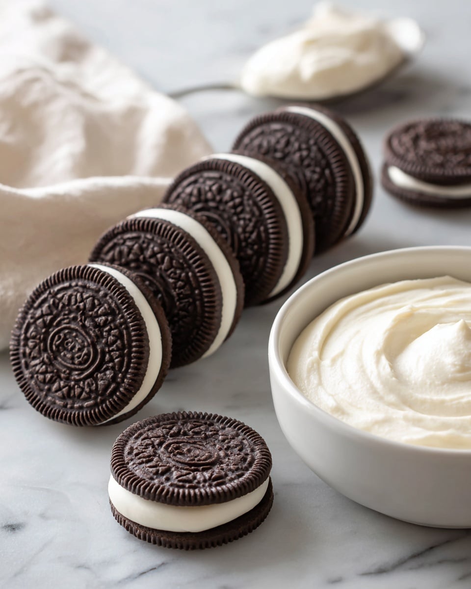 A white plate filled with many round dark brown sandwich cookies stacked loosely on top of each other, placed on a white marbled surface. Next to it, there is a small white bowl filled with bright red round sprinkles that look flat and thin, and another white bowl filled with smooth, round white candy melts that have a shiny texture. The bowls and plate are arranged close together on the surface. photo taken with an iphone --ar 4:5 --v 7