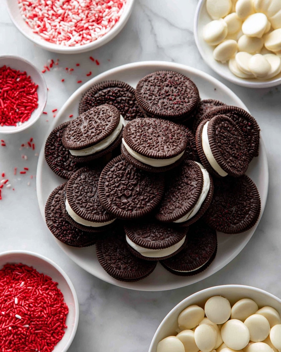 The image shows a group of Oreo cookies arranged in a row on a white marbled surface, each dipped halfway in smooth white cream, with the cream layer covering the top half of the cookie. Below this row, there is a white bowl filled with whole Oreo cookies in dark brown color, showing their detailed embossed patterns. To the right of the bowl, there is a white bowl with a creamy, thick white substance, slightly swirled on the edges. The entire scene is well-lit with soft natural light, focusing on the textures and contrast between the dark cookies and white cream. Photo taken with an iphone --ar 4:5 --v 7