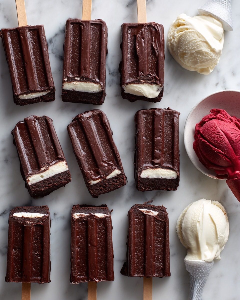 There are twelve chocolate-covered treats on sticks placed in neat rows on a white marbled surface. Each treat has two to three thick, shiny, dark chocolate layers with slight uneven textures and small cracks showing a glimpse of light filling inside. Two cream-filled piping bags, one with white cream and another with red filling, lie to the right of the treats. The scene is bright and clean with a simple layout. photo taken with an iphone --ar 4:5 --v 7