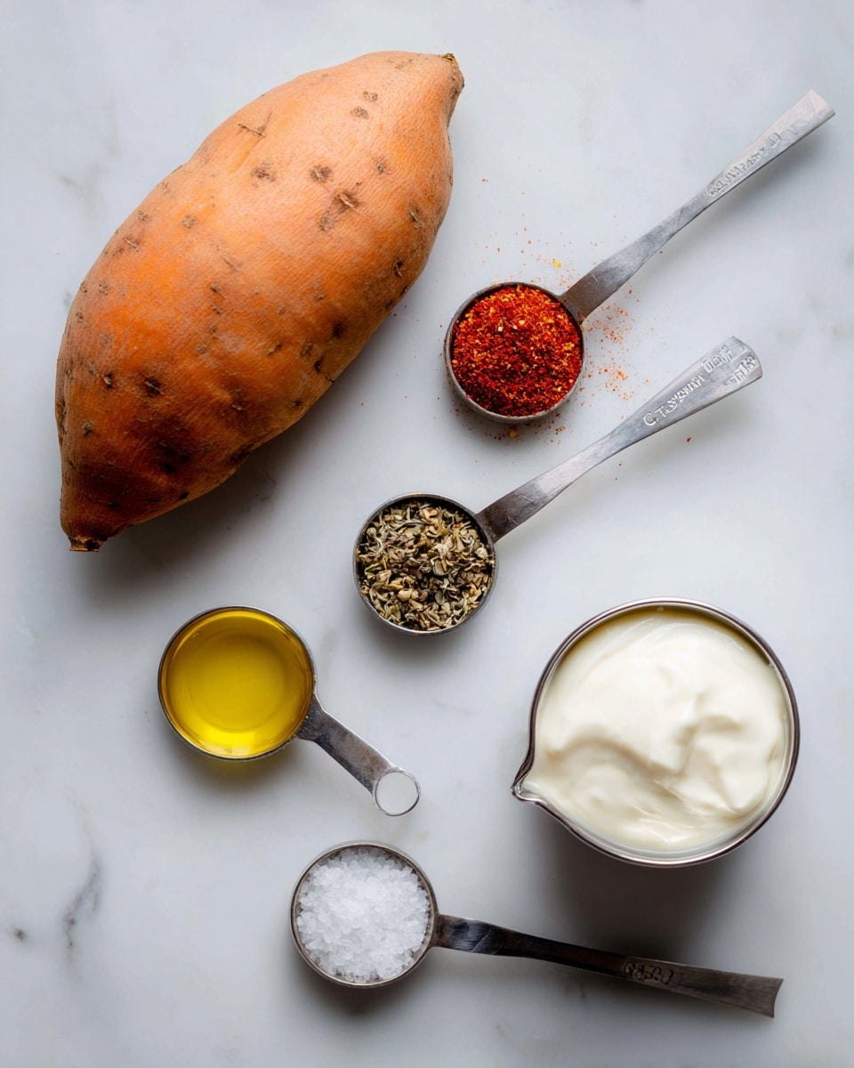 The image shows six ingredients placed neatly on a white marbled surface. At the top left, there is one large orange sweet potato with a rough skin. To the right of it, two metal measuring spoons lay side by side; one holds a bright red spice, and the other holds coarse white salt. Below these, three more measuring spoons are arranged: one spoon contains a yellow liquid, likely oil, another has a small amount of black pepper, and the third holds a brown herb or seasoning. On the far right, a larger metal measuring cup holds a smooth, creamy white substance that looks like yogurt or sour cream. The objects are spaced evenly, showing a tidy, simple arrangement. Photo taken with an iphone --ar 4:5 --v 7