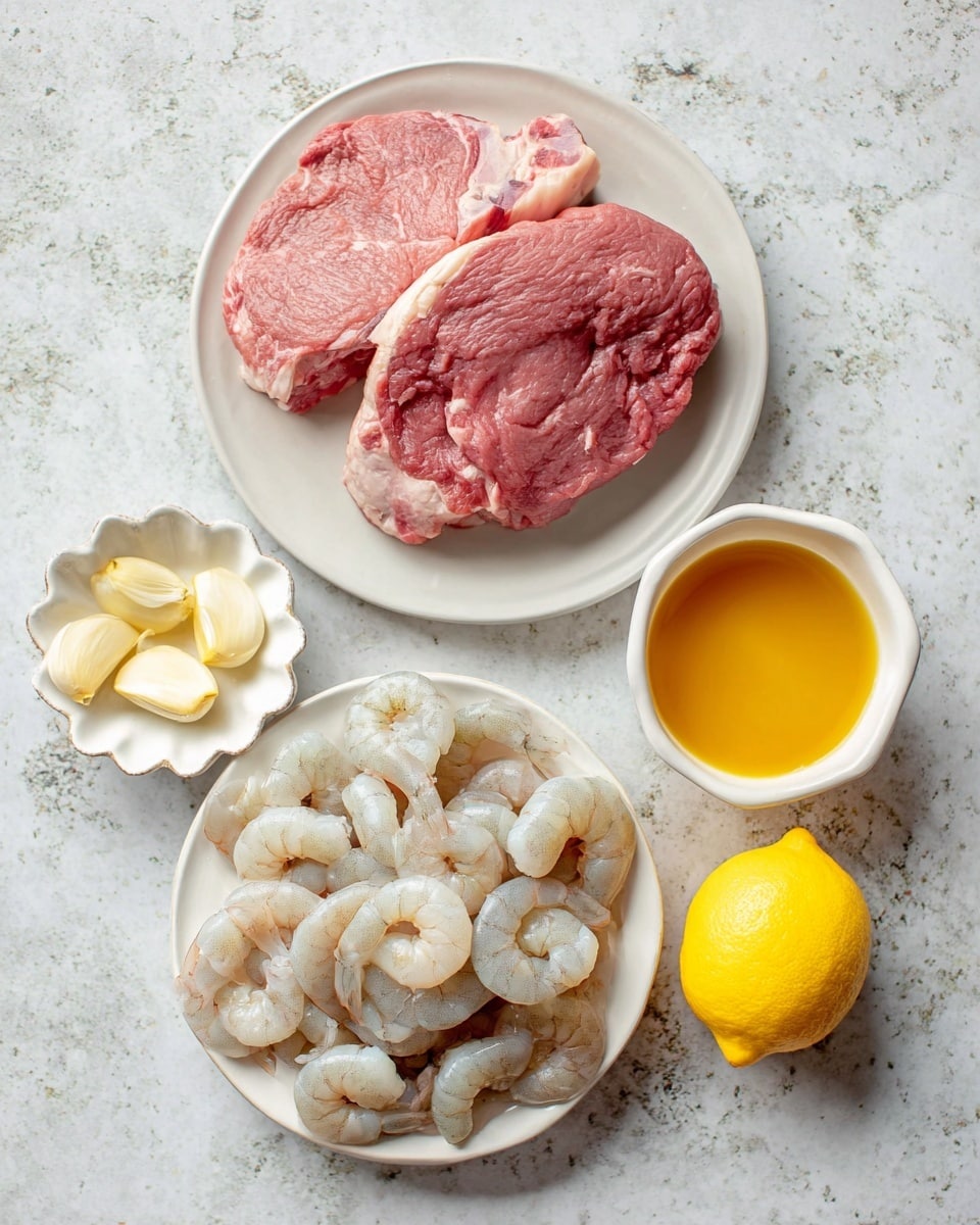 The image shows a white plate with two large raw steak pieces, mostly pink with some white fat on the edges, placed at the top left. Below it, there is another white plate filled with peeled raw shrimp that are pale grey and white in color, with their curved shapes overlapping each other. To the right, a whole bright yellow lemon sits on a white marbled surface. Below the lemon, a small white wavy-edged dish holds pale yellow garlic slices, and next to it, a small white bowl contains a thick orange-yellow liquid. The whole setup is on a white marbled textured background. photo taken with an iphone --ar 4:5 --v 7