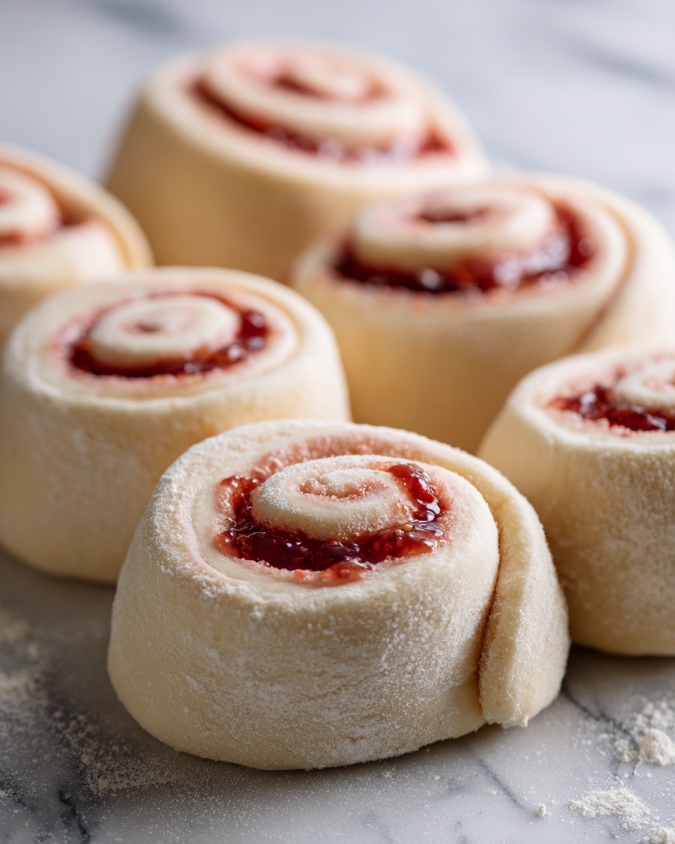 The image shows six raw pink dough rolls arranged close together on a white marbled surface. Each roll has a spiral shape with a bright red filling inside, which looks like a fruit jam with small chunks of fruit visible. The dough surface is soft and slightly dusted with flour, giving it a powdery look. The rolls are thick and evenly sized, with the smooth pink dough wrapping tightly around the shiny red filling in the middle. Photo taken with an iphone --ar 4:5 --v 7