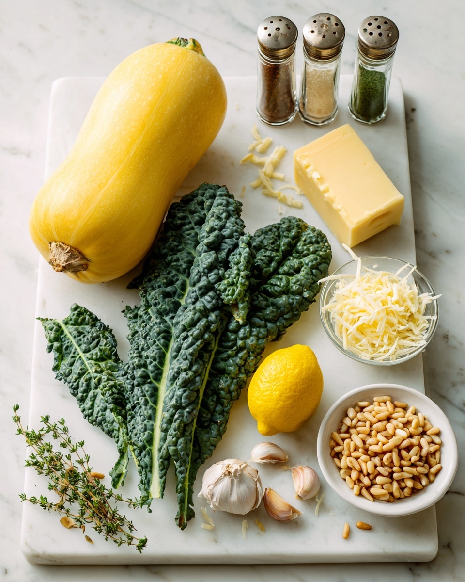 A white cutting board sits on a white marbled surface, holding a smooth, round yellow spaghetti squash on the left side. Beside it lies a bunch of dark green kale with bumpy leaves stretching across the board, with two garlic cloves and small thyme sprigs near the bottom center. A bright yellow lemon and a small white bowl full of light brown pine nuts are near the right edge. Behind the board, there is a golden block of butter, a small clear bowl of shredded cheese, and four tall spice containers with green, brown, and clear tops lined up. The whole scene is bright and clean with natural light. Photo taken with an iphone --ar 4:5 --v 7