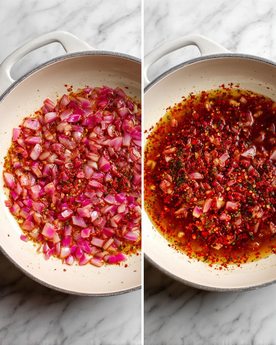 The image shows two views of a white pan on a white marbled surface. The pan contains a cooking mixture with diced light pink shallots spread in a thin layer, topped with bright red dried chili flakes and dried herbs. The first side shows the ingredients unmixed, while the second side shows them cooked together with a glossy, slightly oily texture, making a deep red and golden color mix with the light pink shallots visible throughout. The pan sides are clean and gray. photo taken with an iphone --ar 4:5 --v 7
