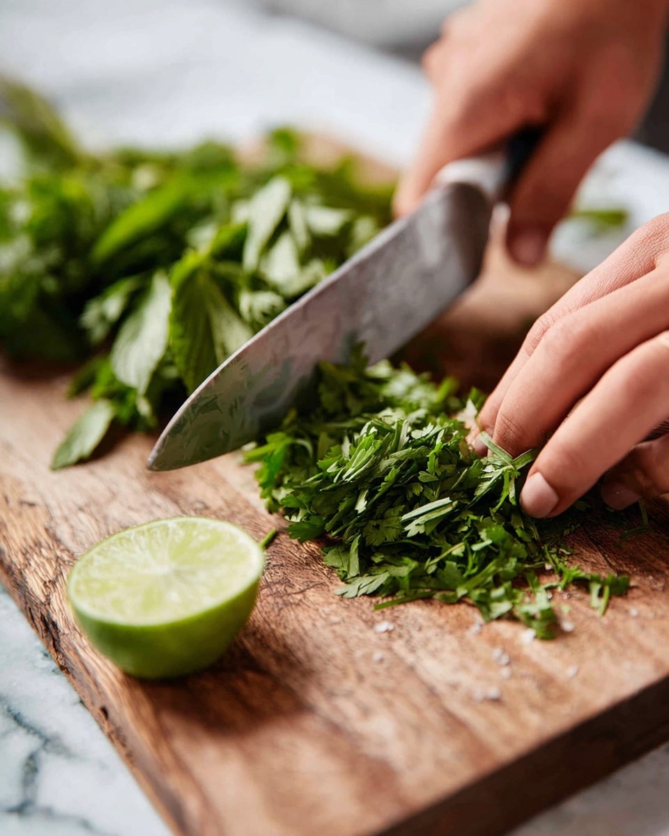 The image shows a close-up of two hands cutting fresh green herbs on a wooden cutting board. One woman's hand holds a large silver knife while the other woman's hand holds the herbs steady as they are being chopped into small pieces. There is a halved lime with a bright green color placed on the bottom left corner of the board. The herbs look fresh with leafy textures and a rich green color. The background is blurred out, focusing on the detailed action of cutting the herbs. The surface beneath the cutting board is a white marbled texture. Photo taken with an iphone --ar 4:5 --v 7