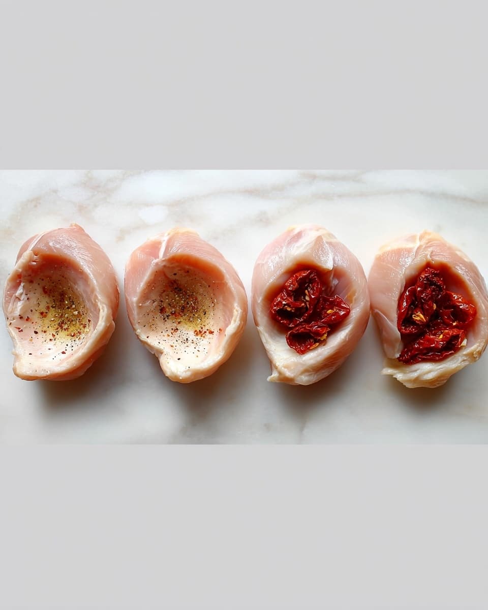 The image shows two cooked chicken breasts in a black skillet, each stuffed with three layers: the bottom layer is white melted cheese, the middle layer is bright green spinach leaves, and the top layer is red sun-dried tomatoes. The chicken skin is golden brown and crispy on the outside, with some sun-dried tomatoes scattered inside and around the skillet. The skillet sits on a wooden table with some fresh spinach leaves and sun-dried tomatoes placed around it. Photo taken with an iphone --ar 4:5 --v 7