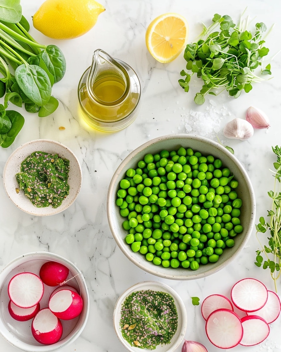Two white bowls filled with light green soup are placed on a wooden tray. Each bowl has thin slices of radish and a small pile of green sprouts on top, adding freshness and detail. Beside the bowls, there is a small round container with a coarse, crumbly spice mix. A woman's hand is close to the tray, wearing a gold bracelet and a mustard-colored shirt with black and red floral patterns. The background and surface have a white marbled texture. photo taken with an iphone --ar 4:5 --v 7