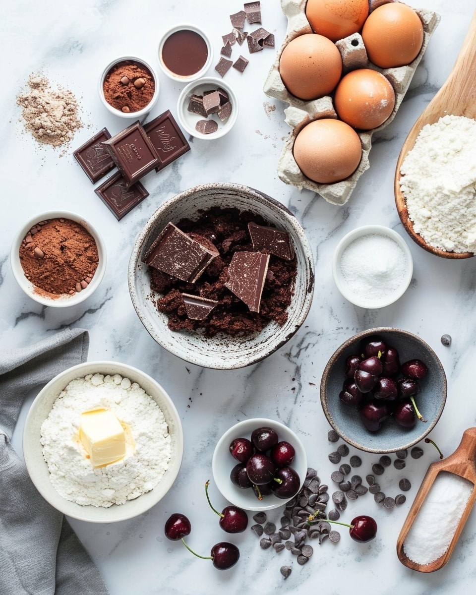 A close-up of three thick, dark chocolate brownies stacked on top of each other, with a slightly shiny and cracked surface. Each brownie has visible chunks of bright red cherries embedded inside, contrasting with the rich dark brown color of the chocolate. The texture looks dense and moist, showing small pieces of chocolate within the brownies. The stack rests on a white marbled surface, with soft focused background. photo taken with an iphone --ar 4:5 --v 7