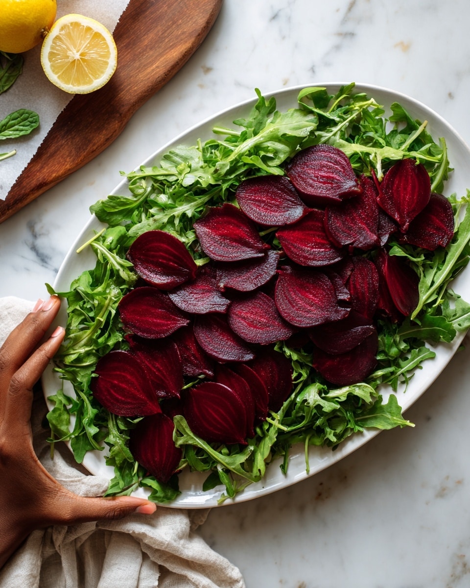 The image shows fresh ingredients laid out on crumpled brown paper over a white marbled surface, including a pile of dark purple beets positioned near the center, a heap of bright green arugula to the top right, and a cluster of reddish-brown pecan halves below the arugula. Near the bottom left, there is a whole yellow lemon and a small white block of feta cheese with tiny holes. Near the top left, two small white bowls with blue floral patterns contain light yellow oil and a dollop of mustard. Two wooden spoons rest diagonally in the middle, one filled with black pepper and the other with white salt. At the bottom right, a clear bottle of golden olive oil lies horizontally. Photo taken with an iphone --ar 4:5 --v 7