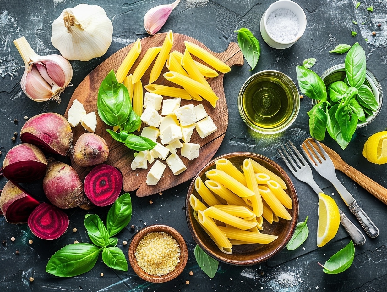 The image shows two side-by-side pictures. On the left side, there is a metal container with visible layers inside: bright purple-red chunks of cooked beetroot at the bottom, topped with off-white creamy paneer pieces, and some small round mustard seeds scattered around. On the right side, a woman's hand holds the same metal container filled with a smooth, bright pink creamy mixture with a small bubble-like texture on the surface. The whole setup is on a white marbled surface. photo taken with an iphone --ar 4:5 --v 7