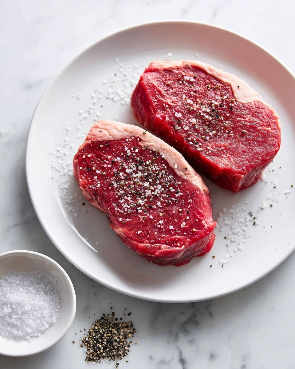 A black cast iron pan with two thick, dark brown cooked steaks placed near the center, each showing a slightly crispy textured surface with grill marks. To the top right of the steaks, two whole lightly browned garlic cloves and a fresh green rosemary sprig rest in the pan’s oil and seasoning residue. A woman's hand holding a silver spoon is seen in the bottom left corner, lightly brushing oil or juices over one steak. A gray cloth is draped over the pan handle on a white marbled surface. photo taken with an iphone --ar 4:5 --v 7