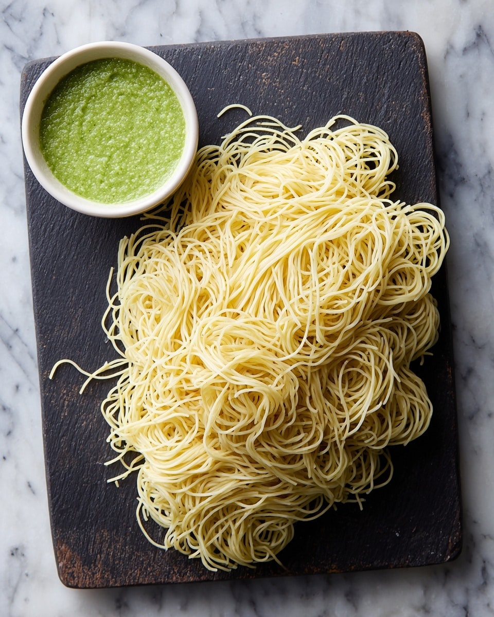 A large bundle of thin, light yellow noodles lies on a dark rectangular cutting board. To the top left of the noodles, there is a small white bowl filled with a smooth, green sauce. The noodles look soft and slightly tangled, with the texture showing many fine strands closely packed together. The cutting board sits on a white marbled surface. photo taken with an iphone --ar 4:5 --v 7