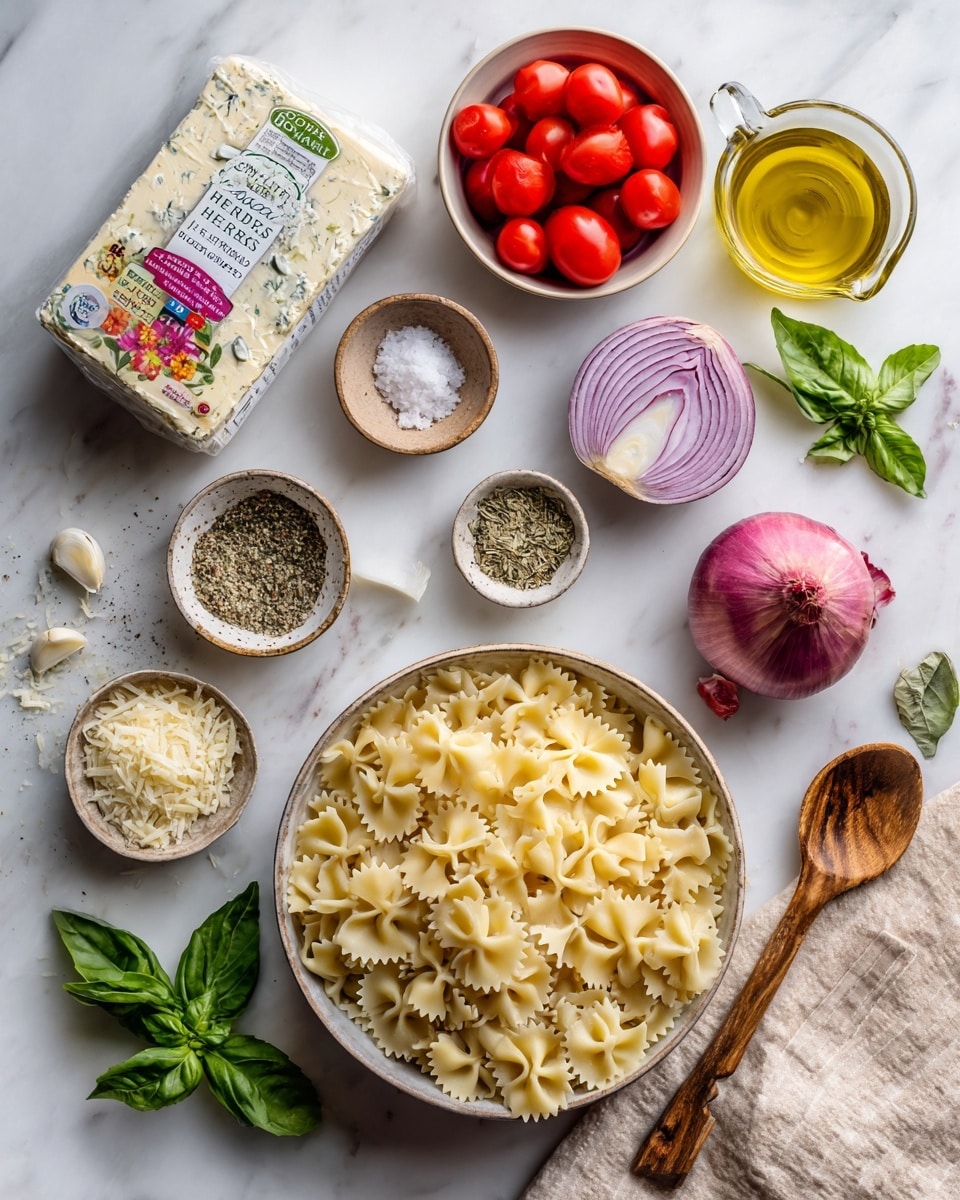 The image shows a white oval baking dish filled with a pasta dish made of light yellow farfalle (bowtie) pasta layered with whole and halved bright red cherry tomatoes scattered throughout. There are thin slices of light pink onion mixed in and fresh green basil leaves spread on top. The dish is placed on a white marbled surface with clusters of red tomatoes on the vine and loose basil leaves around it. The overall look is fresh and colorful with a mix of soft pasta and juicy tomatoes. photo taken with an iphone --ar 4:5 --v 7